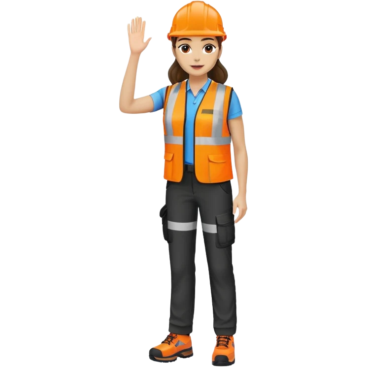 female, orange, hi-vis vest, dark trousers, shoes, hand raised emoji