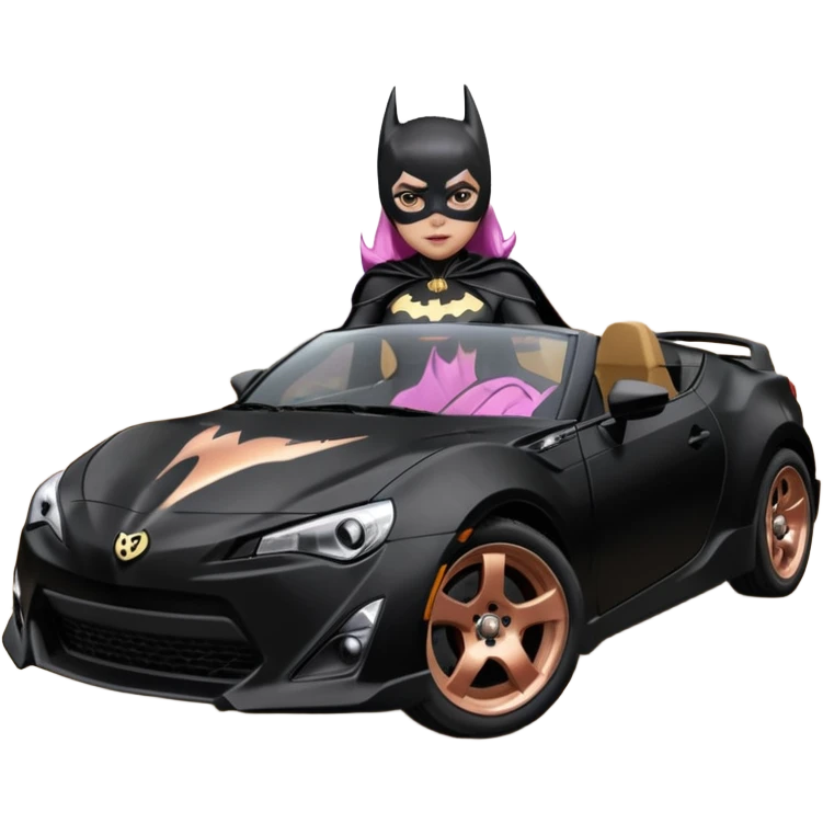 Relaxed adult Batgirl’s full reality crime fighting themed Satin black and rosegold painted Scion FR-S pursuit vehicle hot rod off road capable  emoji