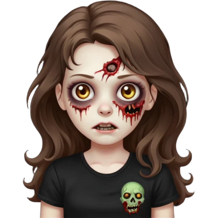crie um emoji de uma garota zoombie cabelo castanho e longo , assustadora e fofa com cabelo ondulado 2b e camiseta básica preta emoji