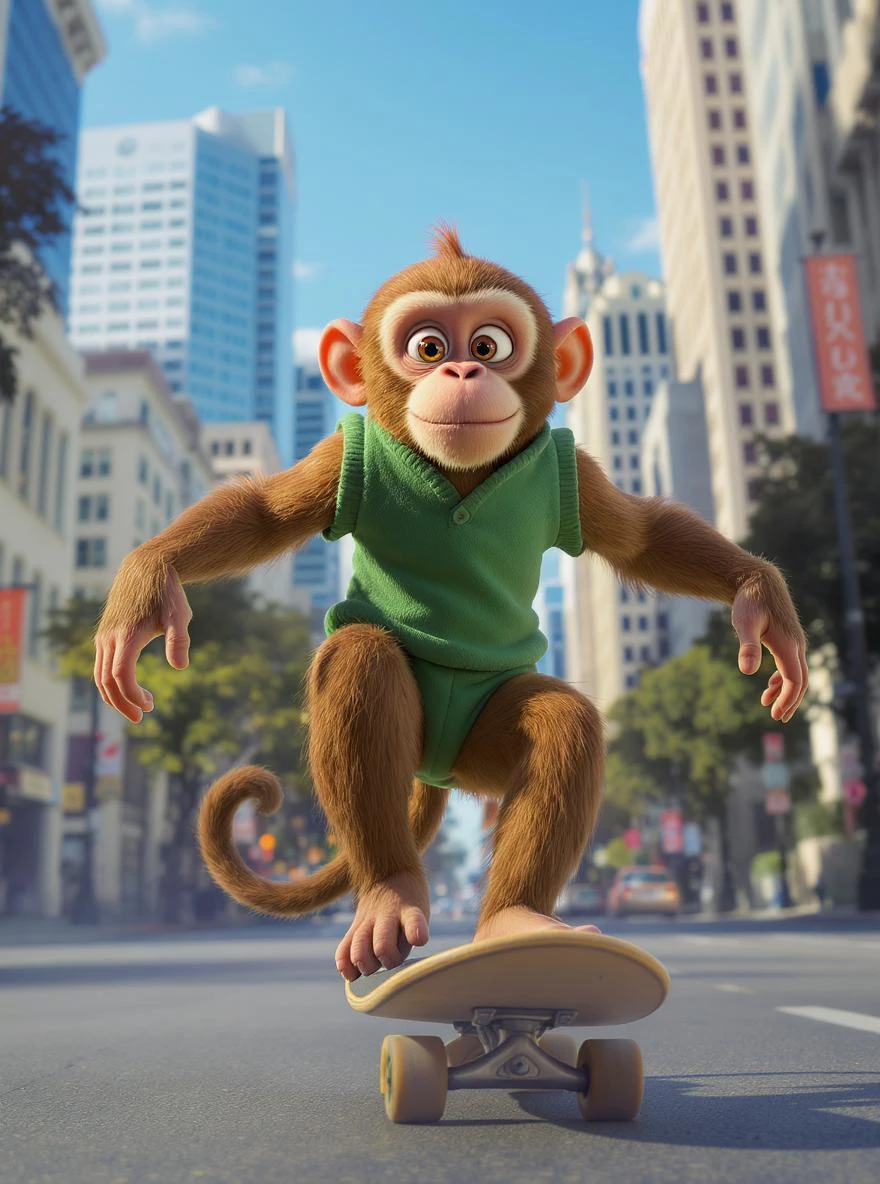 Disney style, Cinematic still scane, Low angle medium shot, monkey dress in green outfit, monkey ride on skateboard, san francisno downtown with city lanscape, blue clean sky, captured by ARRI Alexa XT, soft cinematic lightning emoji