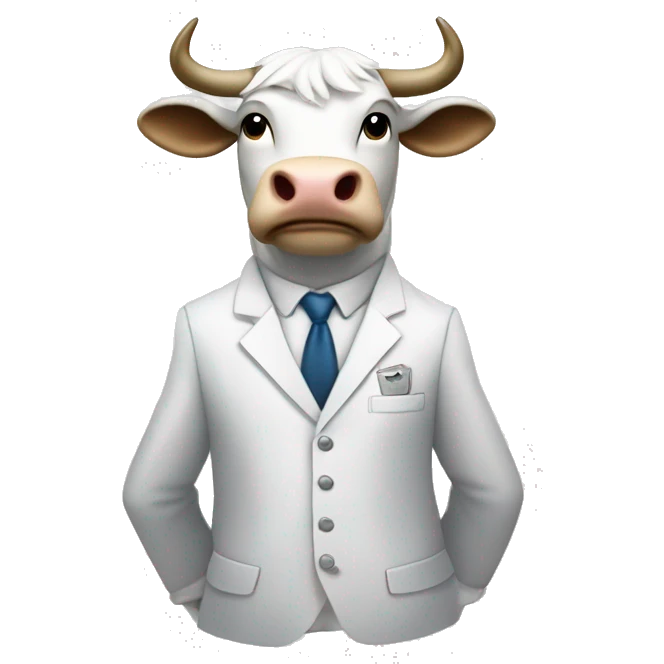 When the coin with the word Booms is turned, a white bull with a white mane and a white suit with the word Booms is standing with arms crossed. emoji