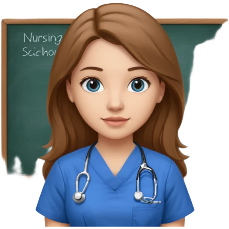 university classroom that says nursing school on the blackboard with a pretty female nursing student with long brown hair, blue eyes emoji