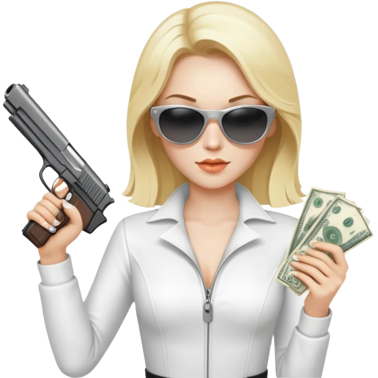 Mafia blondes woman in sunglasses, gun ,money , white costume  emoji
