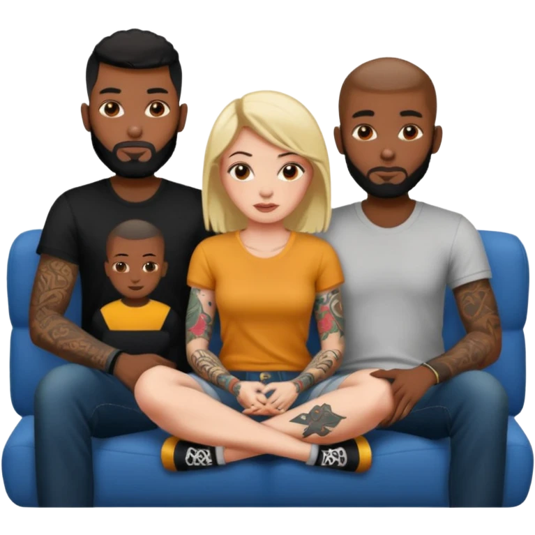 couch, naked people sitting: tattoed female, 2 black males emoji