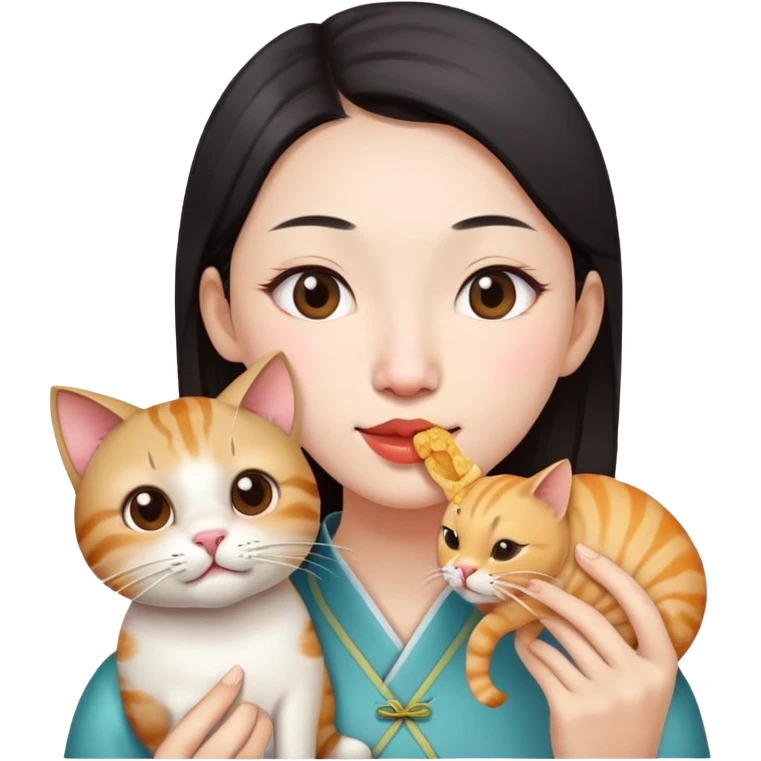 An chinese woman with a big nose, eating a cat emoji