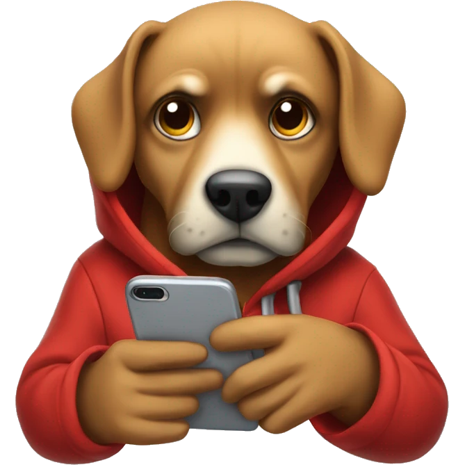 A moody looking dog looking down at his phone wearing a red hoodie  emoji