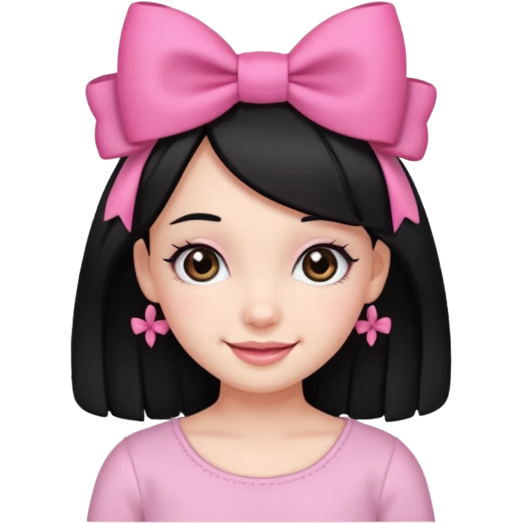 Girl with cute black  eyes  and black hair and pink bow in her side of her hair emoji