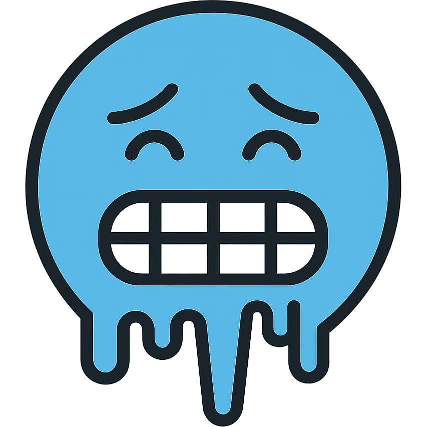 Blue face with icicles and chattering teeth, freezing expression emoji