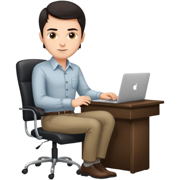 Rich man working setting on a chair in shirt, dark hair, and near the desk with laptop he is german very beautiful looks like emoji