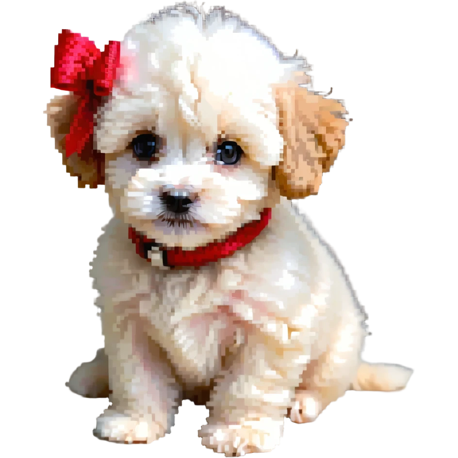 small chibi Maltipoo puppy, cream color, pixel art emoji, sparkling eyes, fluffy, sitting, pastel tones, high detail but emoji-simplified, 64x64 emoji