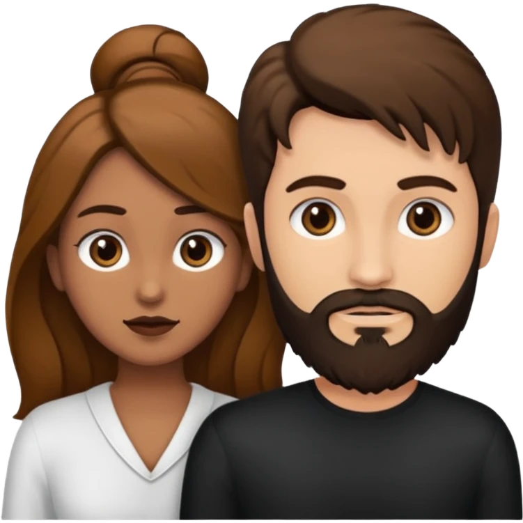 Una mujer con pelo castaño y ojos marrones y un hombre con pelo negro y barba emoji