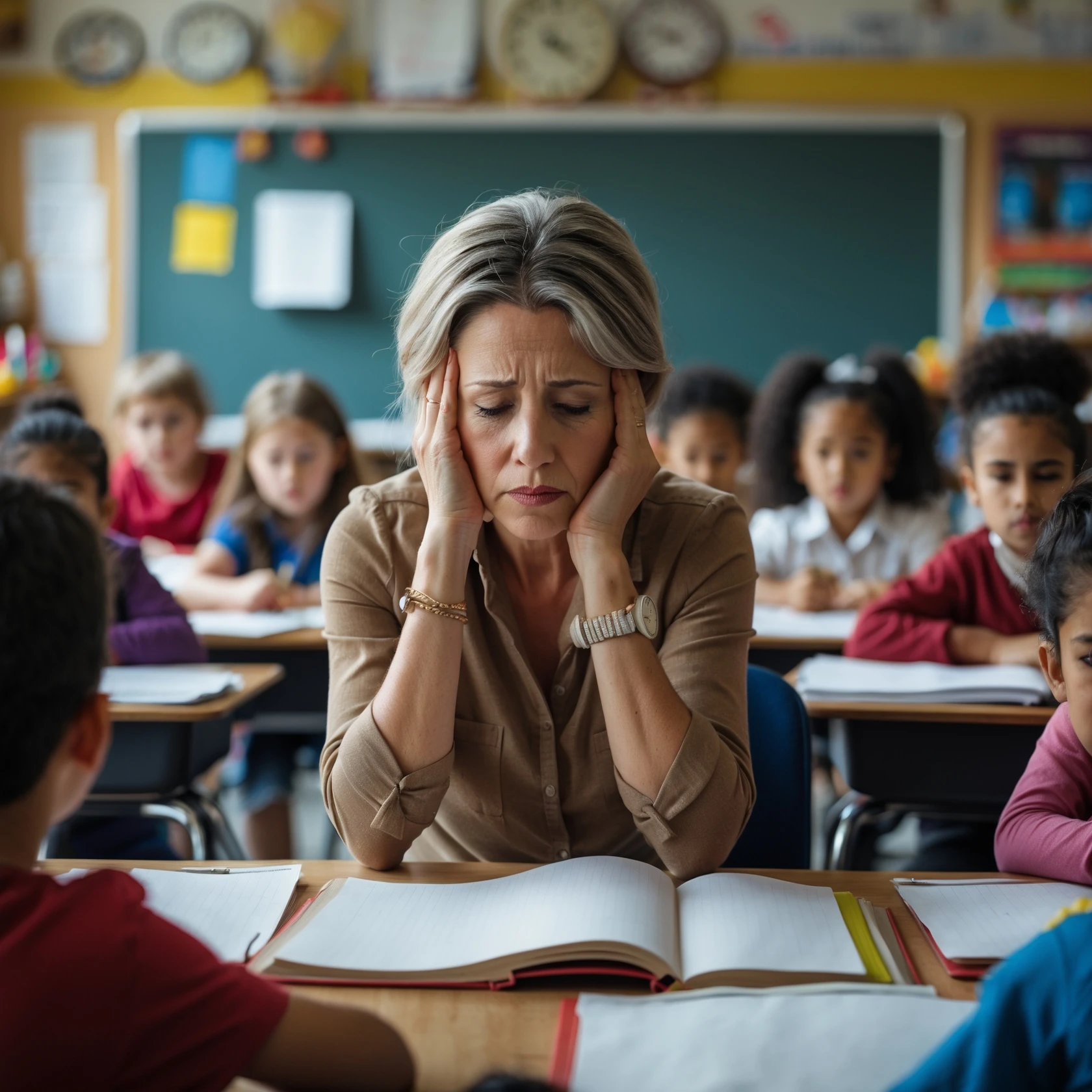 exhausted teacher in a bustling classroom emoji
