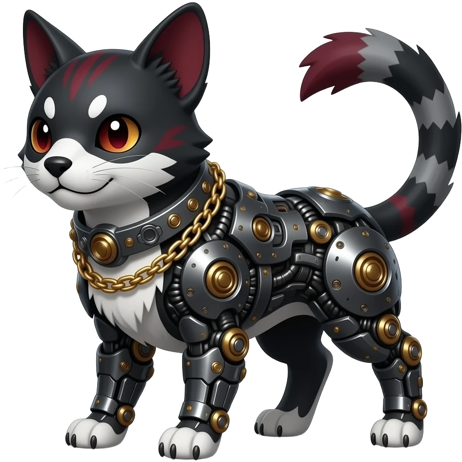Mature quadrupedal Epic majestic complex  glorious futuristic detailed dark dusky gloomy deep gothic sanguine-blood-maroon-black-white, realistic Fakémon-Sprigatito-Floragato-Meowscarada-Trico-Sergal-Serval-Vernid-creature (full body) with metal gears and metal collar with gold chains emoji