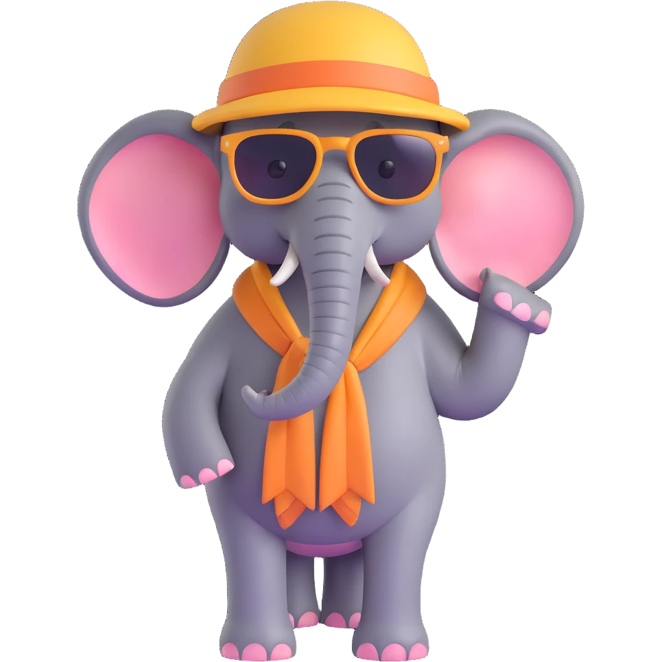 elephant wearing summer attire, sunglasses, and a sun hat, cheerful and playful emoji