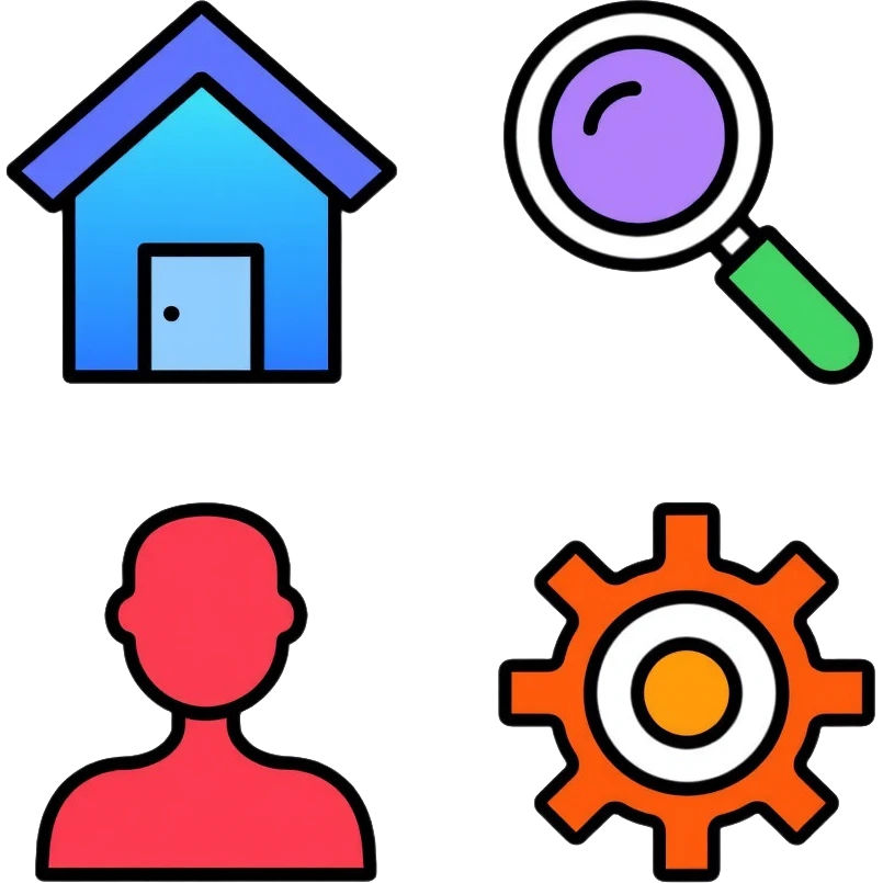Colorful website navigation icons with vibrant gradients: home icon in blue, search icon in purple, menu icon in green, profile icon in orange, and settings icon in red emoji