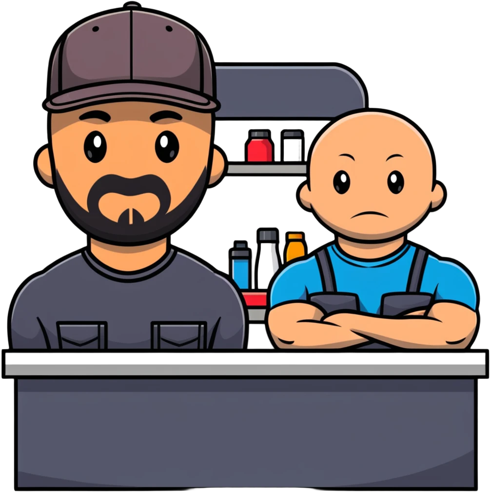 Bald heavyset Hispanic man, and a muscular bald guy in trucker hat standing at a counter in a store emoji