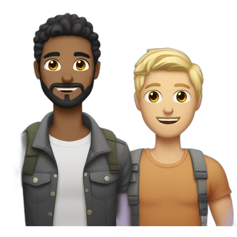 Gay male couple Latino Black hair and beard male and a male Australian blonde hair , with a cat in the middle emoji