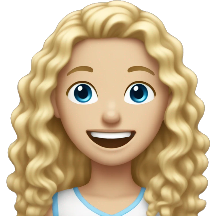 White Girl with long blond curly hair and blue eyes laughing emoji