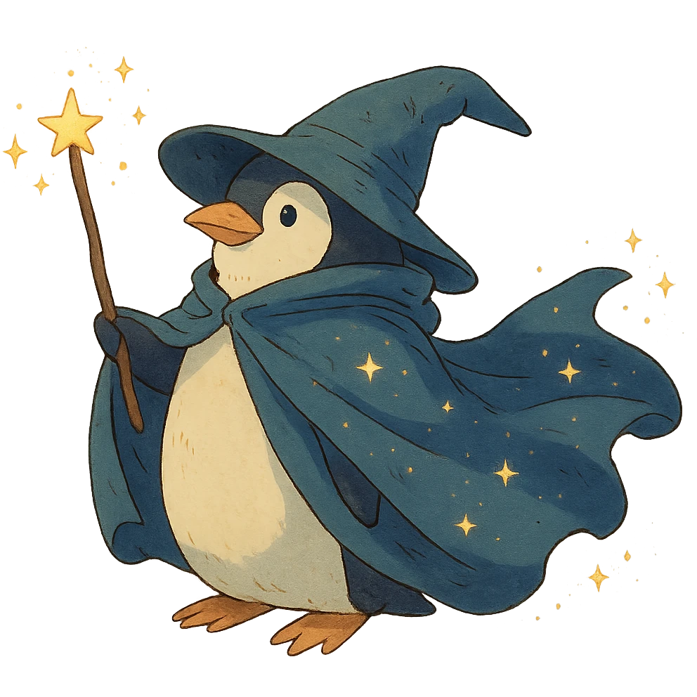 ghibli style penguin wizard with a flowing cloak and sparkles emoji