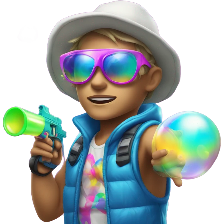 Caucasian boy in glowing rave gear with sunglasses and mask and hat and shooting a bubble gun emoji