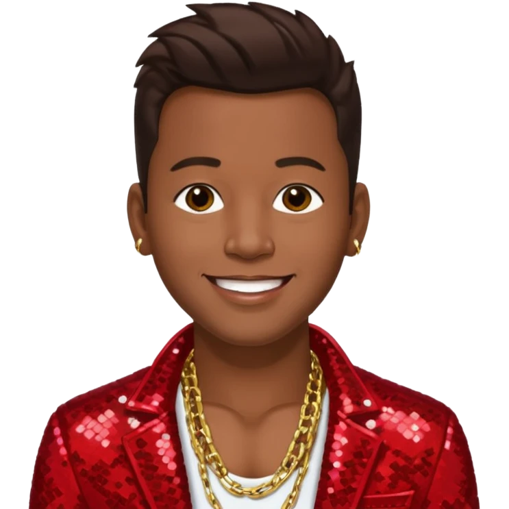 Bobby Brown with dark brown hair, red sequin jacket, shirtless with necklace emoji