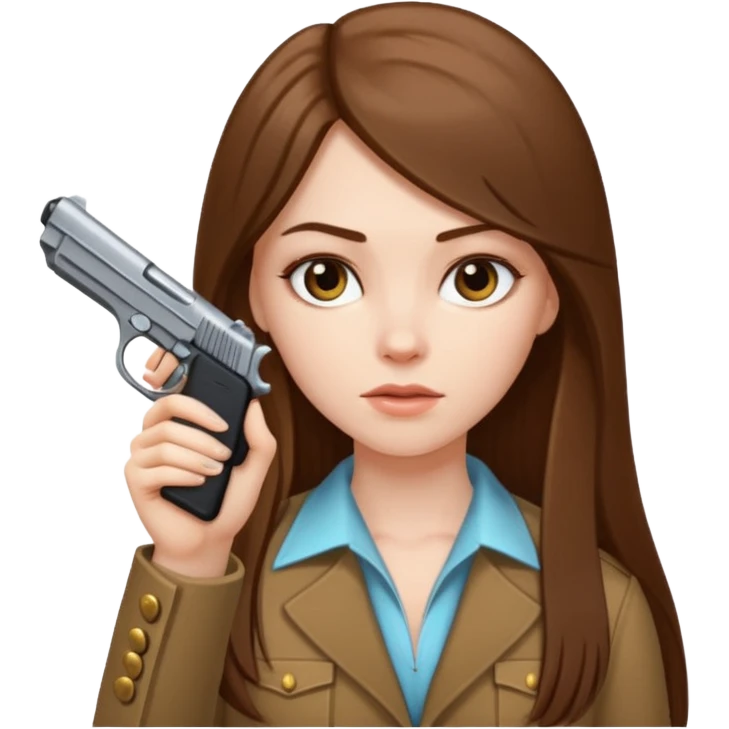 A white girl with long straight brown hair, pointing a hand gun to her temple. emoji
