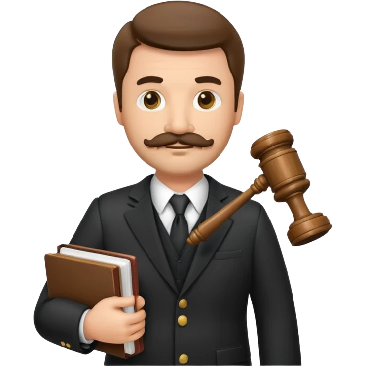 “Create a clean, modern emoji-style illustration of a male lawyer. He is wearing a formal suit jacket. He is holding a judge’s gavel in one hand and has a law book tucked under his arm. He has a mustache and a short beard, and emoji