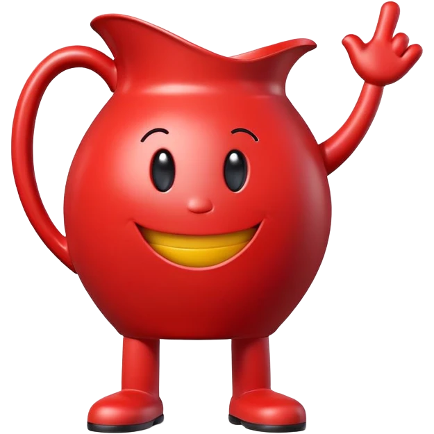 A red pitcher-shaped character with a smiley face, arms and legs, looking excited and happy, saying Oh Yeah! emoji