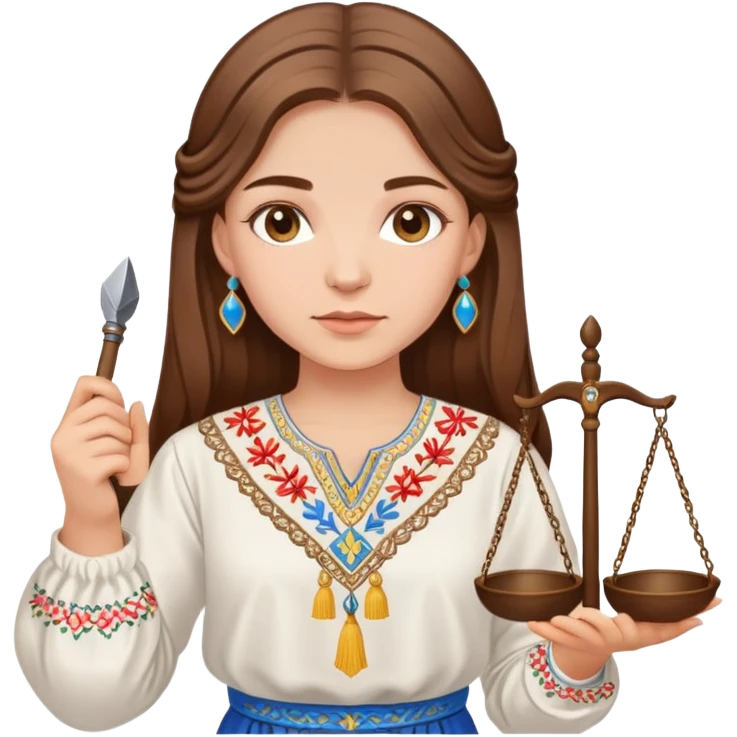 Ukrainian girl with brown hair wearing a traditional embroidered vyshyvanka shirt, holding scales of justice in her hand emoji