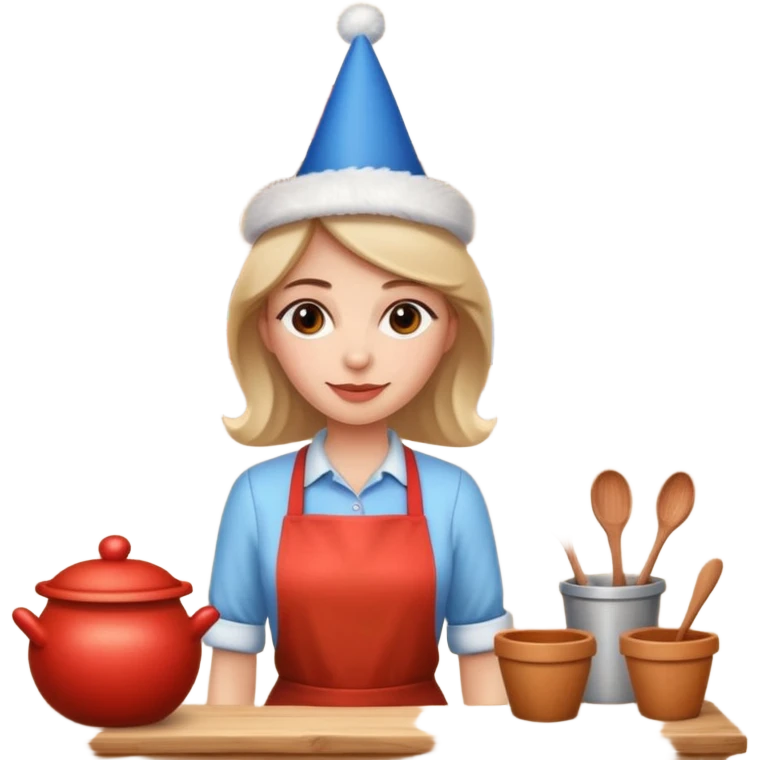 cartoon Apple iOS emoji style woman, pastel colors, Chilean wooden kitchen background, clay pots, warm light, detailed and clean vector art emoji