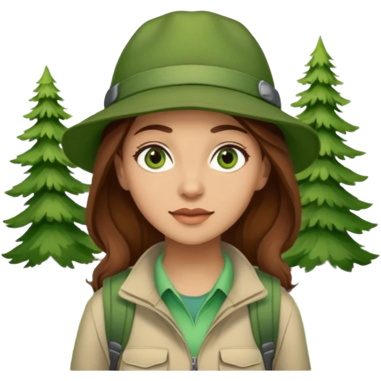 woman hiking in the woods in the sunshine. light face and green eyes. wearing a hat, brown hair emoji