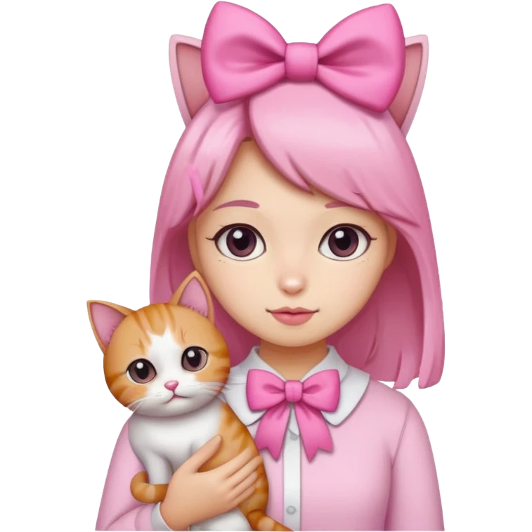 A gurl with pink bow holding a cat emoji