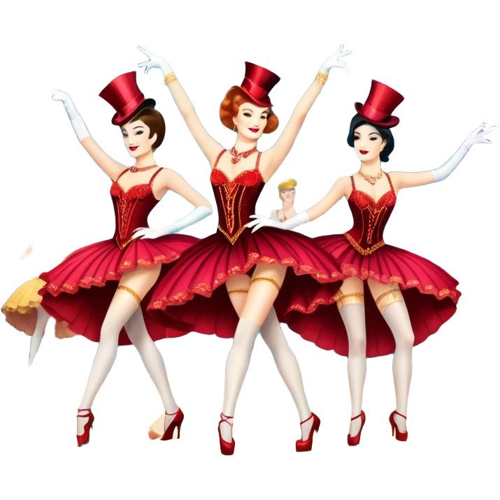 A vintage movie poster-style design inspired by Moulin Rouge. Include glamorous cabaret dancers in extravagant costumes, a colorful stage, sparkling lights, and a sense of drama. The atmosphere should be vibrant, with musical notes in the air. Retro cinematic style. Transparent background. emoji