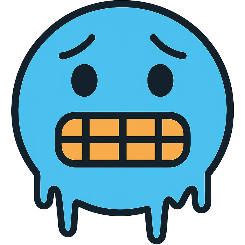 Blue face with icicles and chattering teeth, freezing expression emoji
