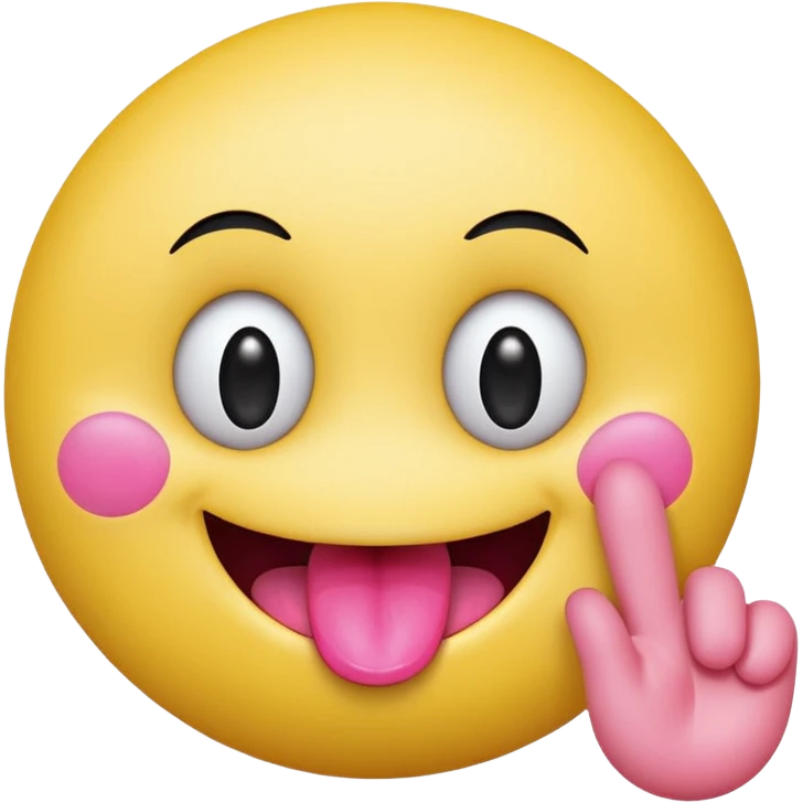 The image is a digital illustration of a yellow smiley face with big, round eyes and a big smile. The face is holding a pink tongue sticking out and making a 67 with its fingers. Above the face, The background is white. Like this but get rid of the text emoji