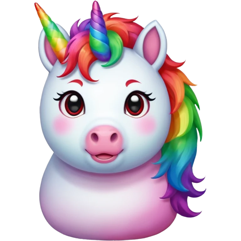 Small chubby unicorn in colour jade, black and red eyes, faring rainbow emoji