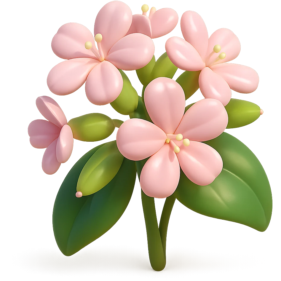 3D iOS-style cartoon soapwort (Saponaria) flowers with extra volumetric and rounded shapes, exaggerated cute pale pink petals, big green leaves, playful proportions, soft lighting, glossy effect, no background, no face or smile, in GPT Image style emoji