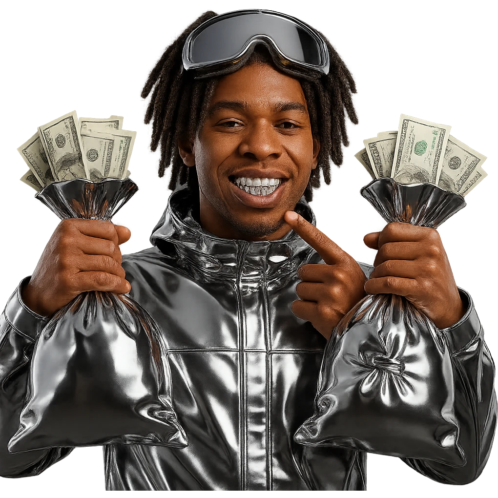 Create a character inspired by the person in the reference image, with realistic brown skin tone and natural facial features. The character has dreadlocks for hair. Dress him in shiny chrome clothes (not matte). He is holding two large chrome brown money bags, one in each hand, with realistic US dollar bills coming out of both bags. Add shiny chrome grills to his teeth and shiny chrome ski goggles on his head. The face and hands look natural. The background is transparent. emoji