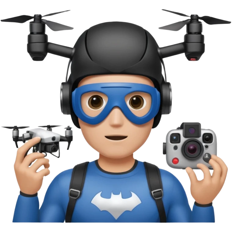 Super hero photographe, gopro sur la tête, masque fpv sur les yeux. Un drone à côté de lui. Il tiens un appareil photo reflex. emoji