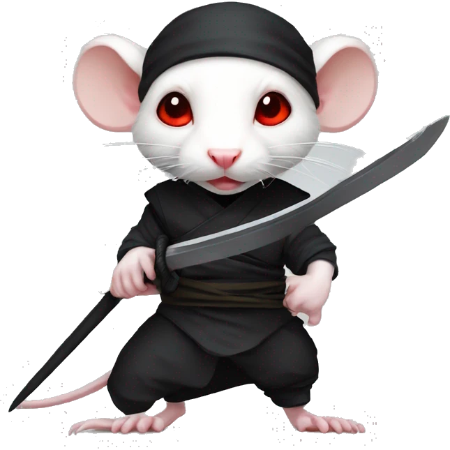 Albino rat red eyes wearing a headband, black ninja costume, dramatic pose, holding sword emoji