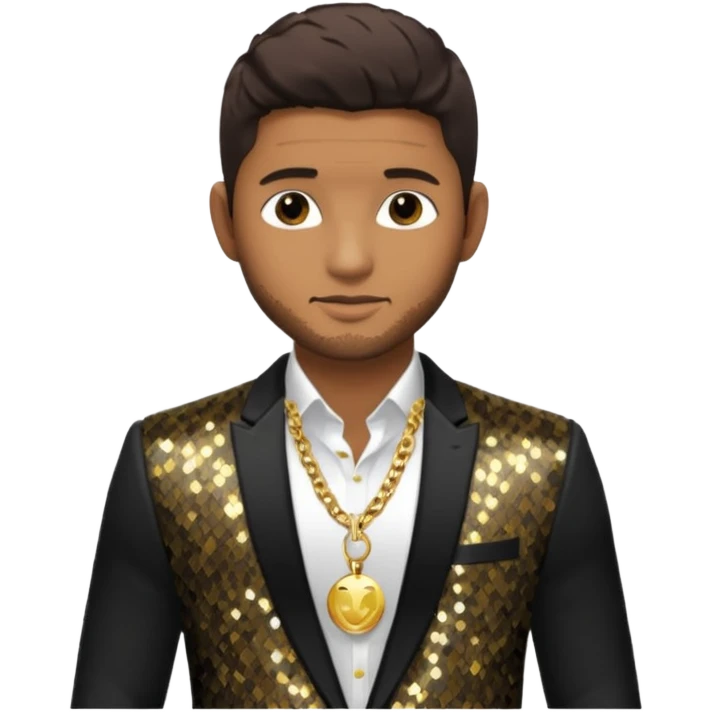 Usher with dark brown hair, black sequin suit jacket, shirtless with necklace emoji