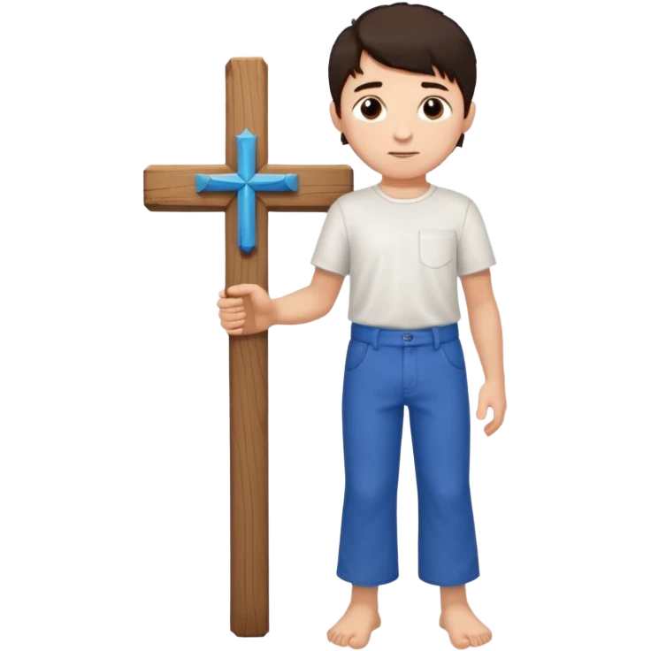 Niño con tes blanca cabello oscuro camisa blanca pantalón azul cruz de madera en la mano y que este sin zapatos  emoji