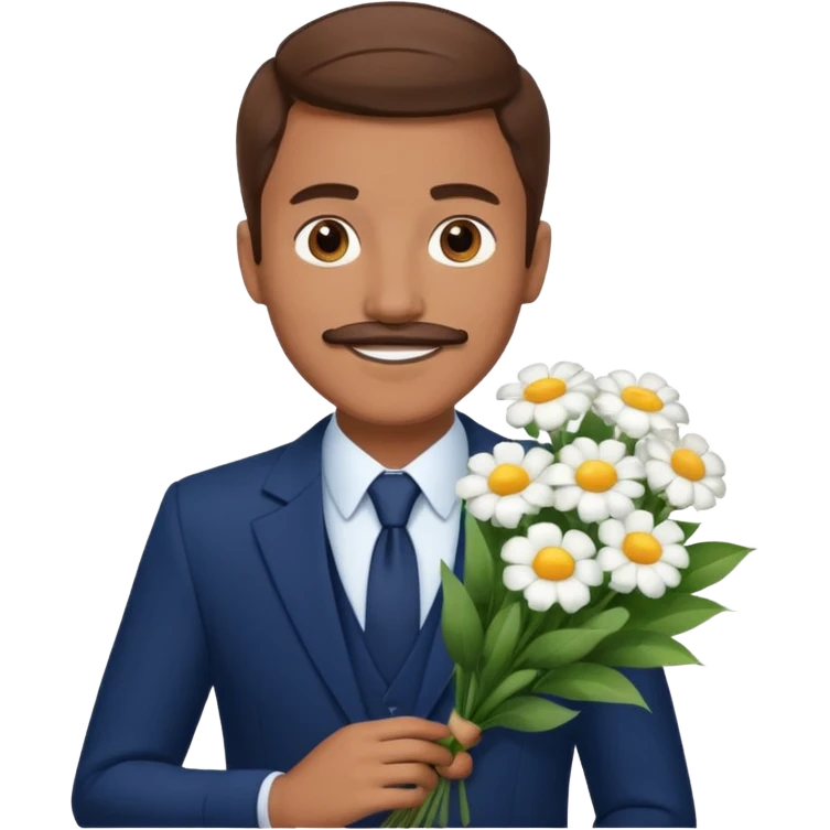 homme âgé 23 ans brun bronzé en costume bleu foncé souriant avec moustache portant un bouquet fleurs blanche  emoji