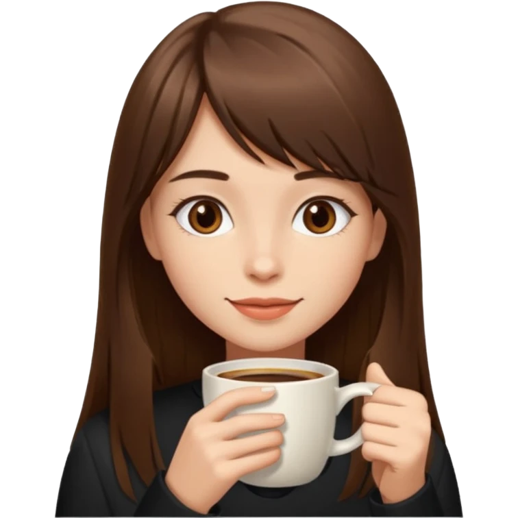 A girl with elongated bangs and long brown hair drinks coffee  emoji