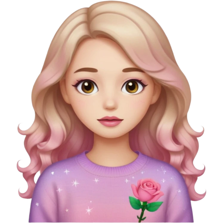 “Emoji girl, soft eyeliner, gradient rose lips, light brown shimmer eyeshadow, sparkly aegyo-sal, long wavy hair, cozy pastel sweater.” emoji