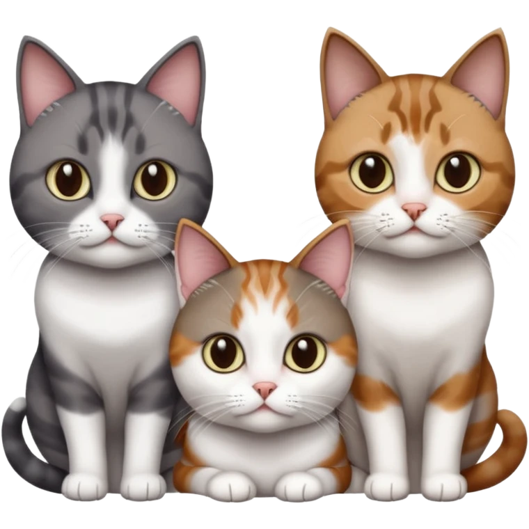 3 different coloured short haired cats including; a dark brown tabby and white cat, and a dark grey and white  emoji