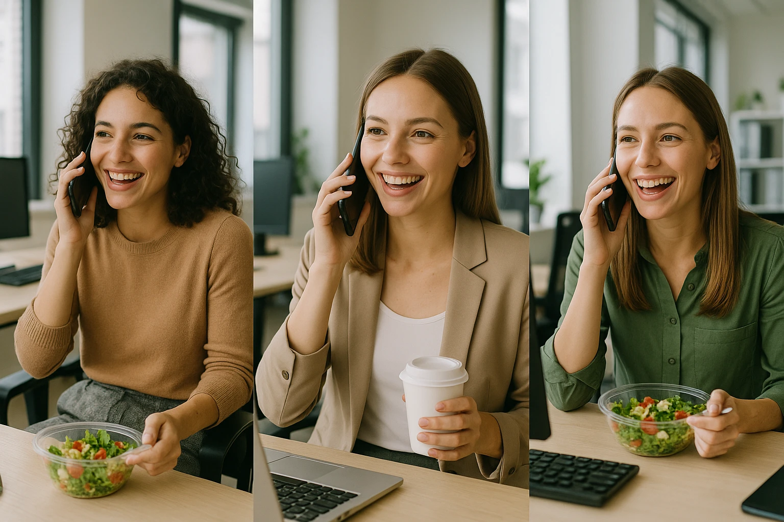Three girls, each in their own separate modern office, talking on the phone to one another during lunch break, business casual attire, cheerful and connected vibe, modern office backgrounds with visible office elements like computers and windows, relaxed and lively social atmosphere. emoji