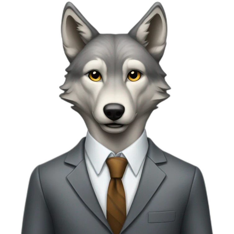 Portrait of a gray wolf with a human-like face wears a sleek jacket and tie like a salesman emoji