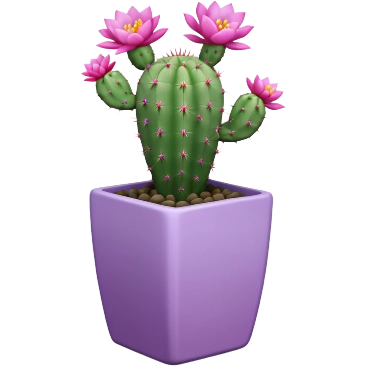 One ceramic pot in pastel violet, square, and tall, containing a flowering cactus. emoji