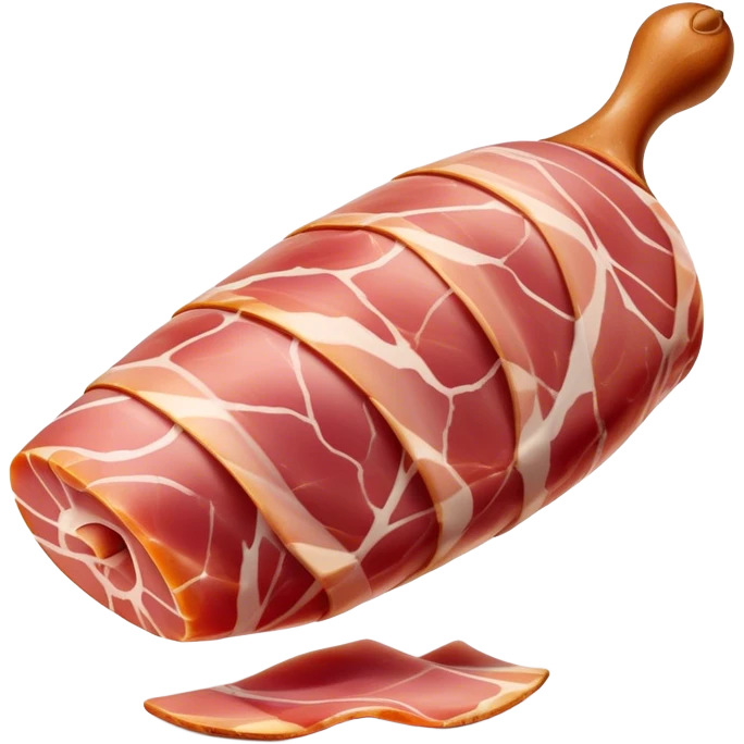 Jamón Serrano Cinematic Realistic Jamón Serrano Dish Emoji, depicted as a prominent leg of cured ham with visible marbling, rendered with rich textures and dynamic, appetizing lighting. emoji